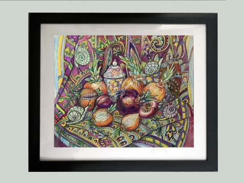 Original painting “Onions” 22” x 26” Framed. Single piece. Signed. Watercolor. - Picture 2 of 9