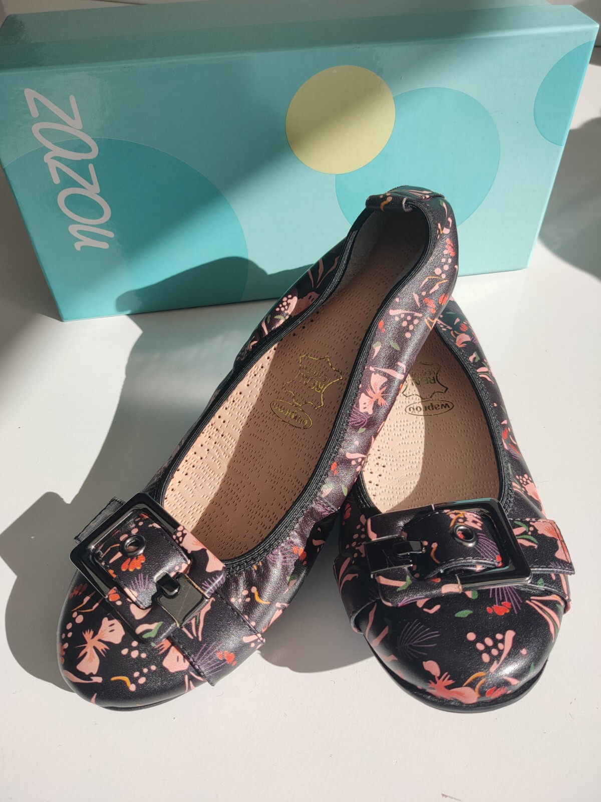 Zazou Women's Spirit 1 Black Floral Flat Leather, Buckle, Shoes Size