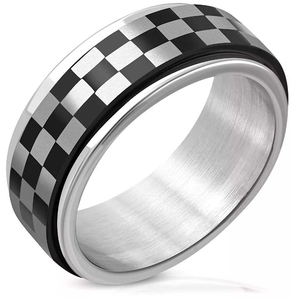 BAGUE ANNEAU HOMME FEMME ACIER ANTI-STRESS TOURNANTE DAMIER RALLYE TAILLE  55