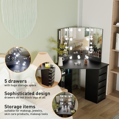 corner dressing table black OKD Modern Fluted Corner Vanity Desk, 48" Corner Makeup Vanity Desk with 3  Way Smart Mirror and Lights, Oak Vanity Desk with Charging Station and 3