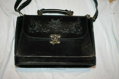 Sac En Cuir Noir Vintage Gravé - Style Hippie Boho Goth, Bandoulière, Taille Moyenne, Occasion, Cuir Véritable