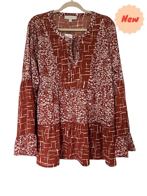 Suzanne Betro Weekend Brown Twin Print Ruffle Bell Sleeve Blouse Size 1X Bnew