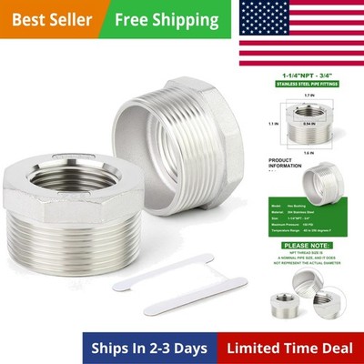 2PCS 304 Stainless Steel Reducer Hex Bushing, 1-1/4'' NPT Male x 3/4'' NPT Fema...