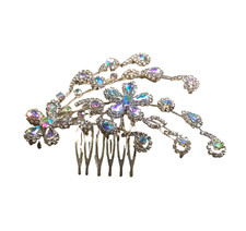 Vintage Hair Comb Barrette Silver Tone Aurora Borealis Iridescent Rhinestone
