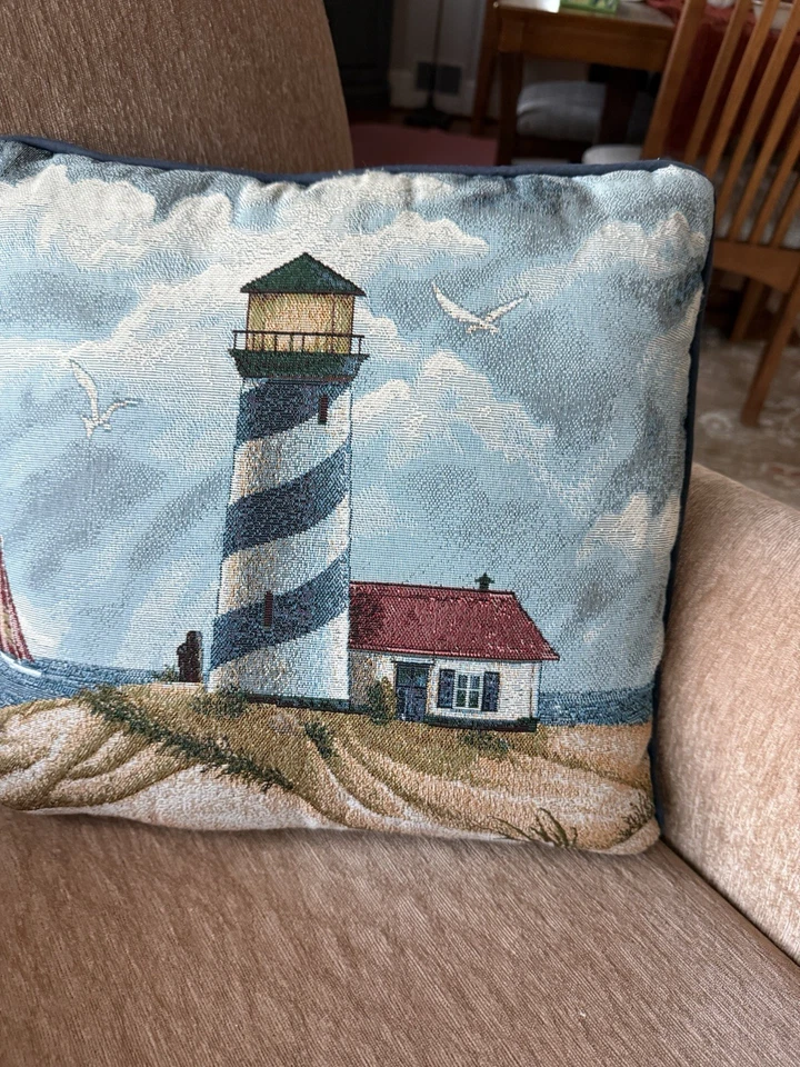 "Tapiz de velero faro almohada gaviotas cuadrado náutico 16""" Foto 3 de 3