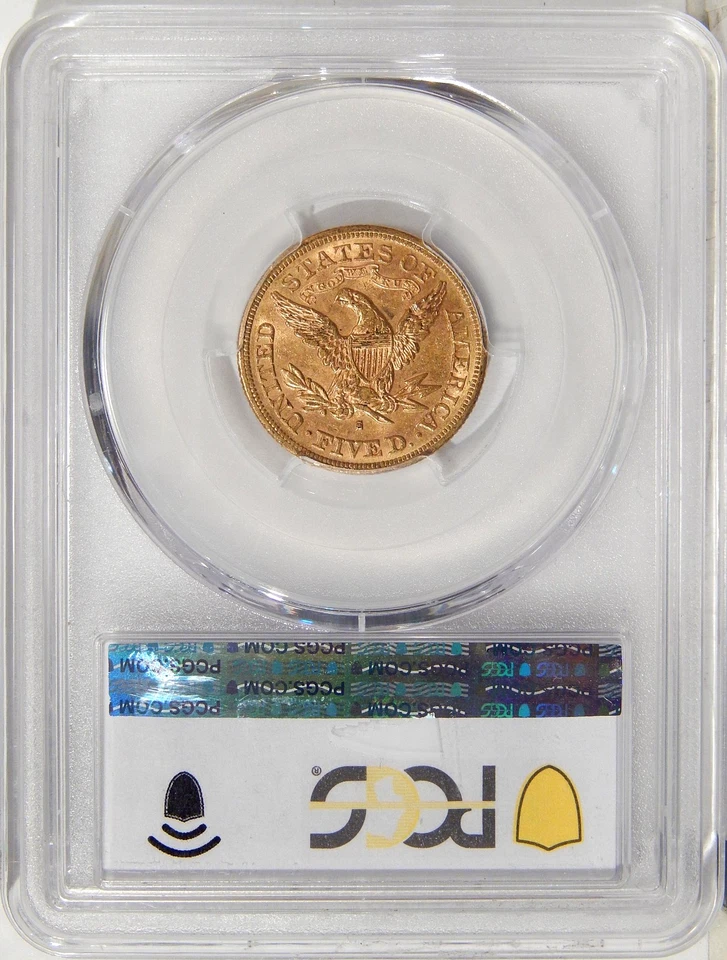 1879-S $5 PCGS MS 62 CAC ~ VERY PLEASING GOLD HALF EAGLE - Image 3 of 4
