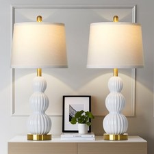 28" White Ceramic Table Lamps Set of 2, Modern Bedside Lamps for Night Stands...
