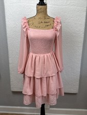 Tiered Square Neck Dress Womens Pink Smocked Ruffled Cottagecore Medium