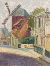 Bella Pittura 1950 Moulin Parigi Olio Tela Impressionismo Impressionista