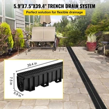 New Trench Drain System, Channel Drain with Plastic Grate, 5.9x7.5-Inch HDPE Dr