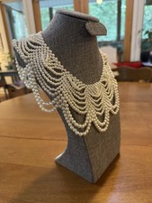 Vintage Tiered Faux Pearl Multi Strand Collar Bib Necklace Adjustable