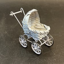 Vtg Baby Doll Pram Carriage Buggy Stroller Dollhouse Miniature 3.5" Wicker Metal
