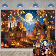 Halloween Pumpkin Graveyard Backdrop Spooky Full Moon Jack O Lantern Tombstone P