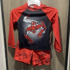 New Marvel Boys Spiderman Rash Guard Shirt and Short Set UPF 50 Size 4 NWT