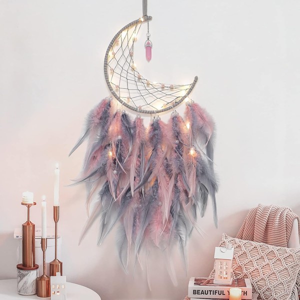 TraumfäNger Handgefertigt LED Licht Mond Federn Rosa Deko Schlafzimmer-image