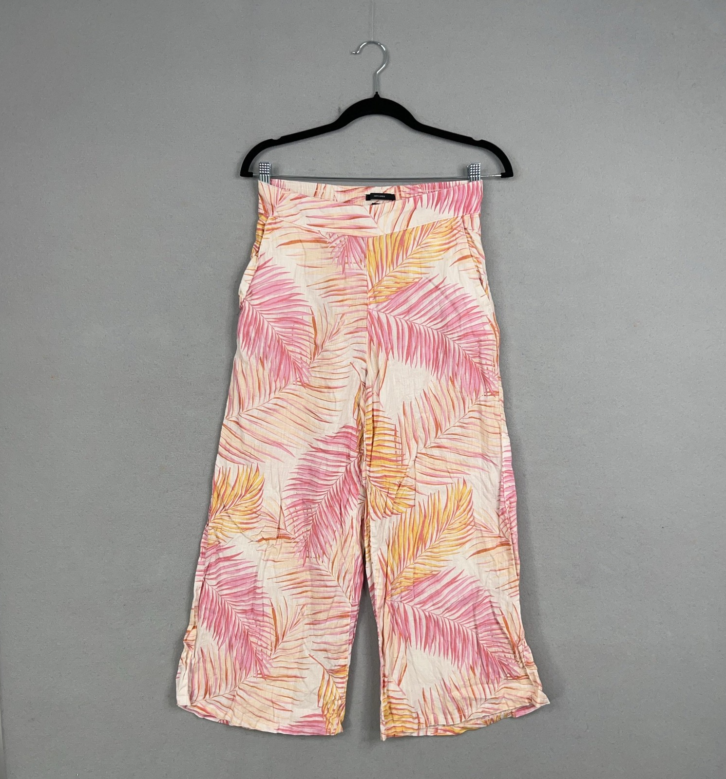 Tahari Pants Womens Small Pink Yellow Palm AOP Linen Wide Leg Tropical Resort