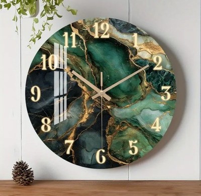Wanduhr Marmor Grün Gold 2D DCF Funuhrkwerk Selbsteinstellung 40cm Groß 