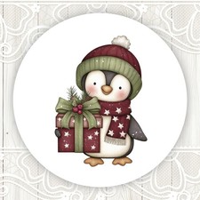 Christmas Penguin Holding Gift Whimsy Festive Stickers Round Matte Labels Seals