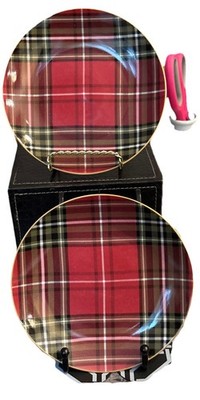 Pair of 222 Fifth Wexford canape/bread plates Red Tartan Plaid 6 1/4 inches