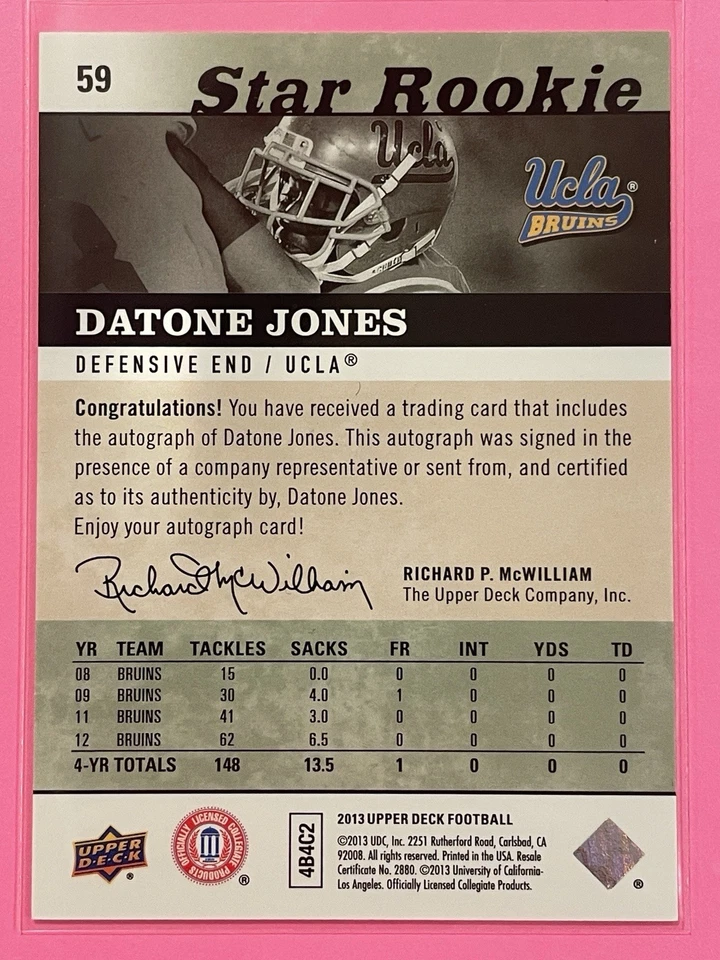 2013 Upper Deck Datone Jones Star Rookie Auto RC #59 Football UCLA - Image 2 of 2