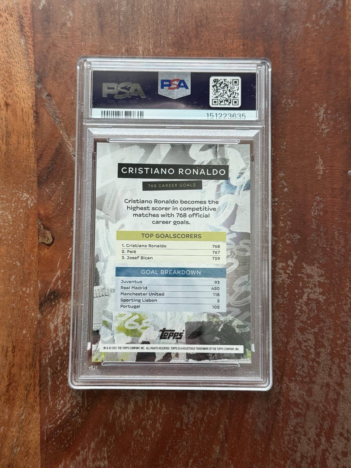 2021 Topps Now UCL Cristiano Ronaldo 768 Career Goals PSA 10 Gem M view 2