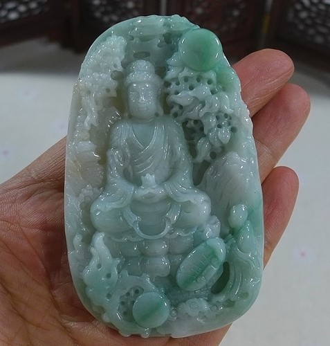 Cert'd Natural Type A Jadeite Jade Landscape Kwan-yin Pendant 4008 - Picture 2 of 7