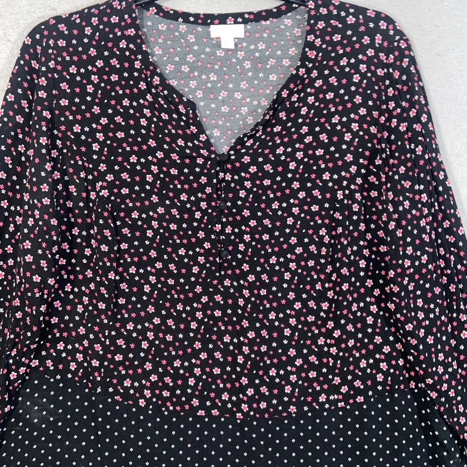 Blusa para mujer J. Jill 1X negra rosa floral lunares estampado mixto rayón Foto 2 de 4
