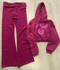 PINK Victoria  s Secret Cropped Hoodie Jogger Set Burgundy M Top L Pants Lounge