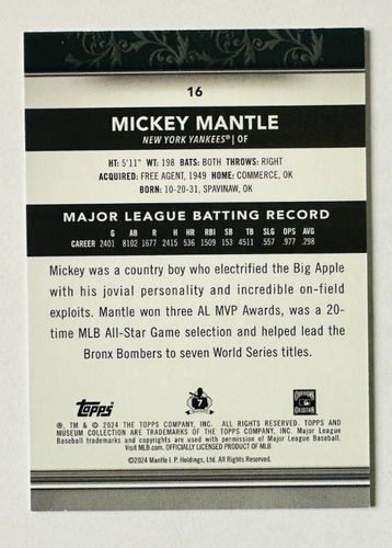 2024 Topps Museum Collection Mickey Mantle Card #16 Base NY Yankees Legend! - Picture 2 of 3