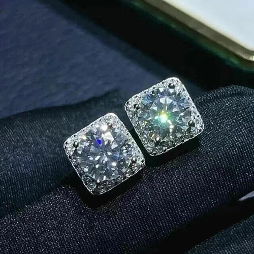 2Ct Round Moissanite Push Back Halo Women's Stud Earrings 14K White Gold Plated