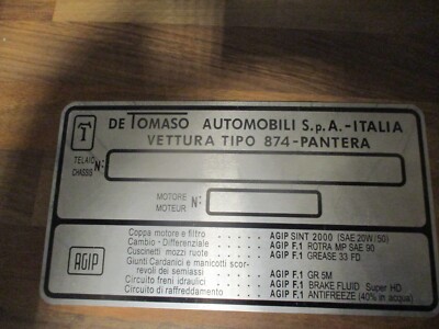 Typenschild id-plate Schild de tomaso Pantera 874 120x220mm s106