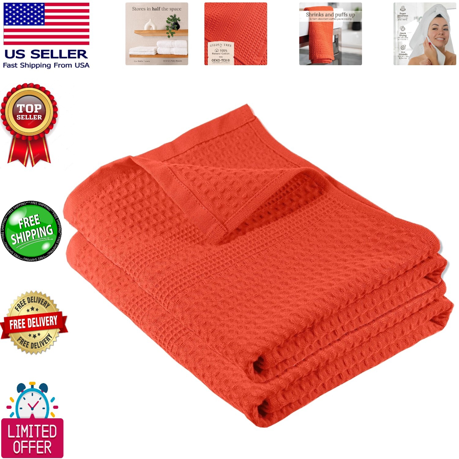 2-Pack Quick Dry Waffle Bath Towels in Coral - Soft Eco Cotton  