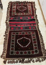 Antique Handwoven Wool Camel Saddle Bag Double Kilim Wall Hanging 65”X 30”