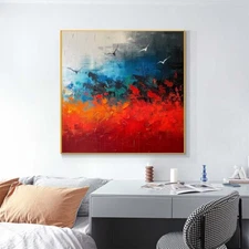 Hand-painted abstract oil Painting on canvas Blue flower Home Decor Room Red24in