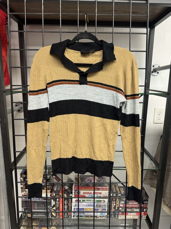 Vintage 1970s Landmark Yellow Striped V Neck Collared Sweater Size Medium - Image 2 of 4