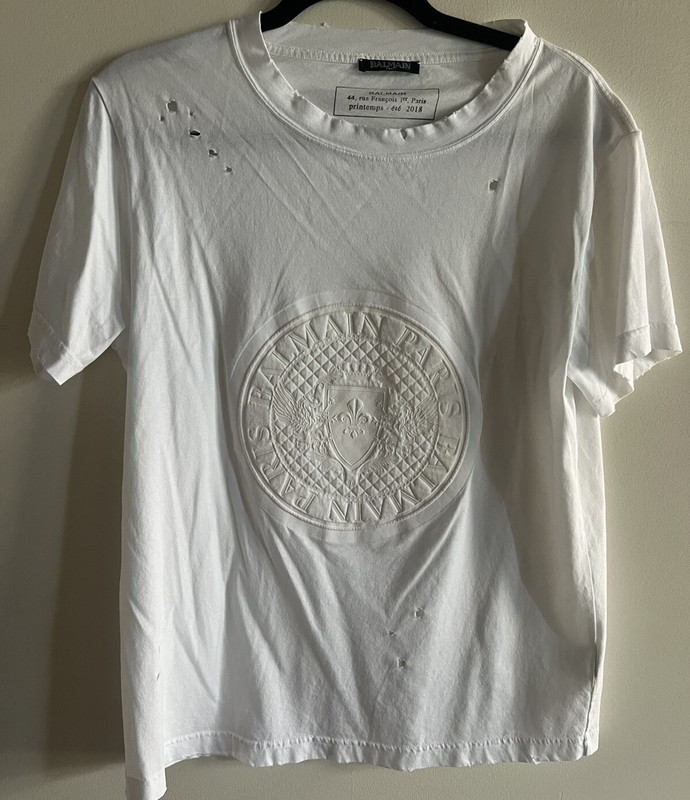 balmain white crest mens t shirt distressed size small