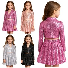 Kids Girls Set Crop Jacket Outfit 2-piece Suit Glittery Costume Elegant Dance