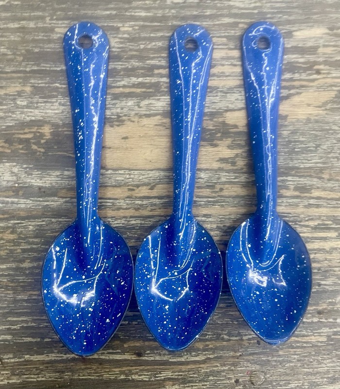 Lot of 3 Vintage Blue Speckled Enamelware Spoons - Camp Utensil Set