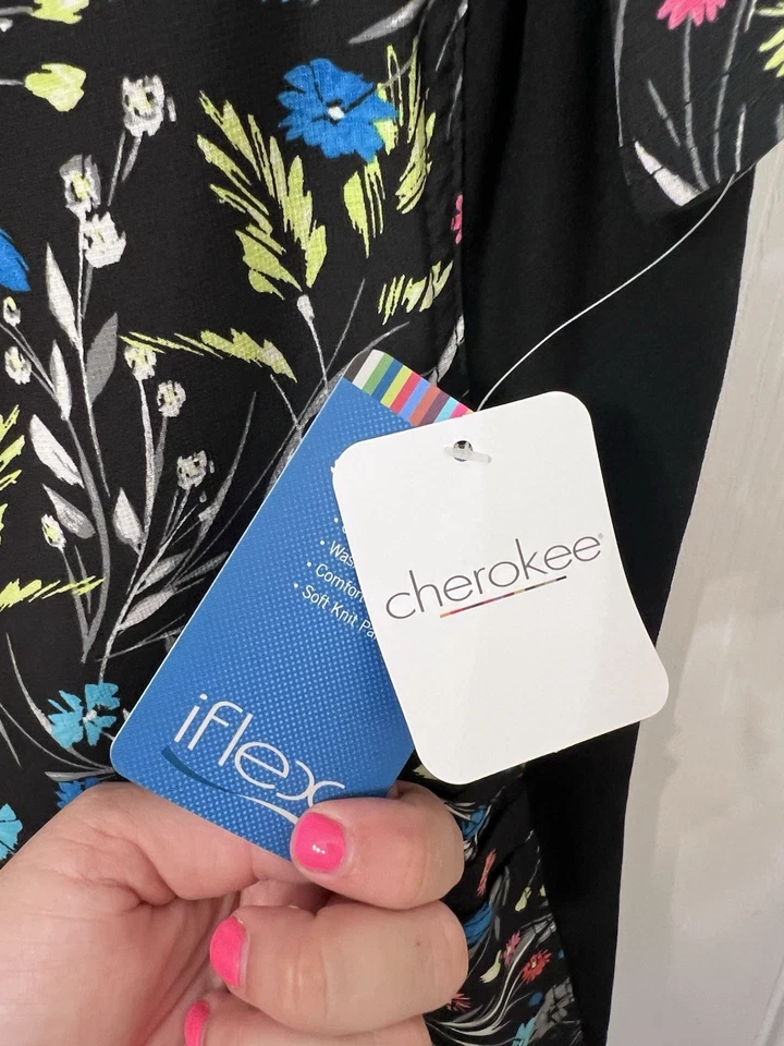 Womens Scrub Top I Flex By Cherokee Size Small NEW black floral print - Image 4 of 4