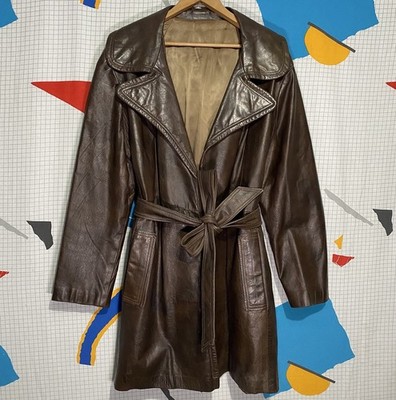Vintage 60s Hide Leather Trench Coat Belt Wrap Open Wide Spread