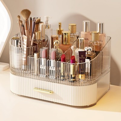 Makeup Organizer with 360° Rotating Brush Holder and Stackable Drawers, Cosme...
