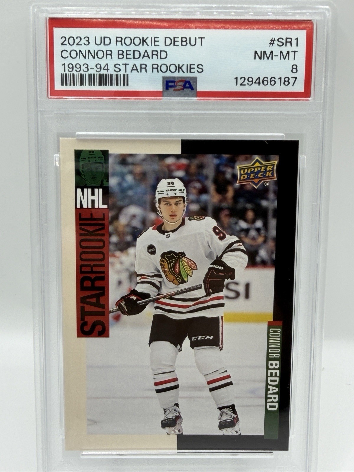 2023-24 UD Rookie Debut Connor Bedard 1993-94 Star Rookies #SR-1 PSA 8 Blackhawk