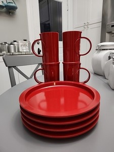 Vintage Set of 4 MCM Red Dansk Stacking Plates & Cups by Gunnar Cyren