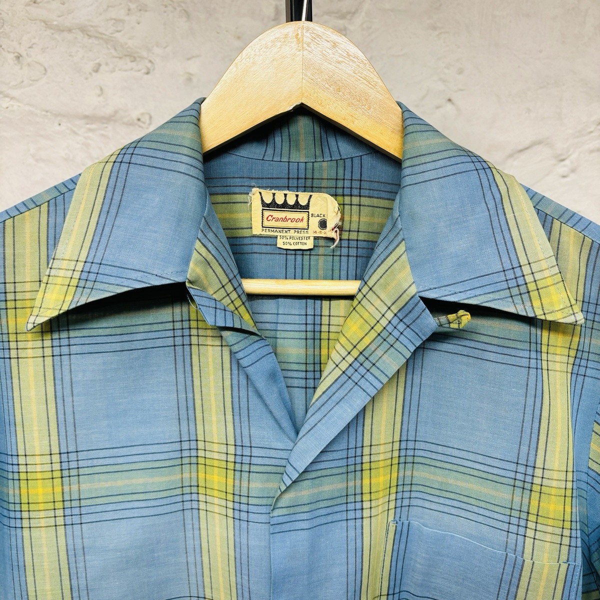 Cranbrook Vtg 50s Loop Collar Blue Green Plaid Camp Shirt Short