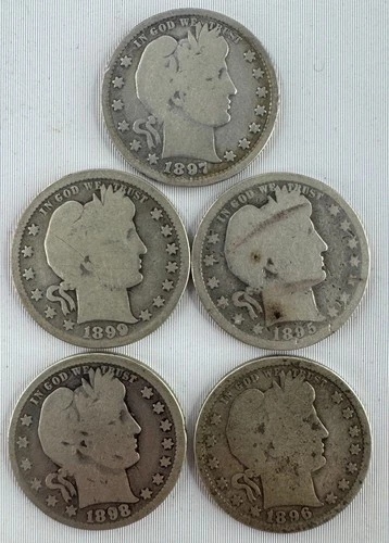 1895-1899 Silver Barber Quarter 5-Coin Lot 25c US Type Coins FIVE Circulated