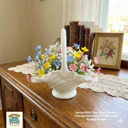 Fenton Milk Glass Brides Basket Vintage Swirl Pattern Ruffled Rim Applied Handle
