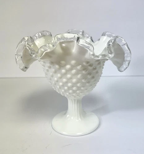 Vintage Fenton Silver Crest Milk Glass Compote Candy Pedestal Bowl Ruffled Edge