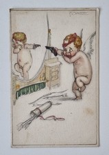 Cartolina - Cartolina d'artista - Achille Mauzan - Angelo con pistola davanti allo specchio - 1925 ca.