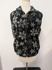 Vintage Black Fleece Snowflake Zipper Sweater Vest sz S Festive Holiday Ski