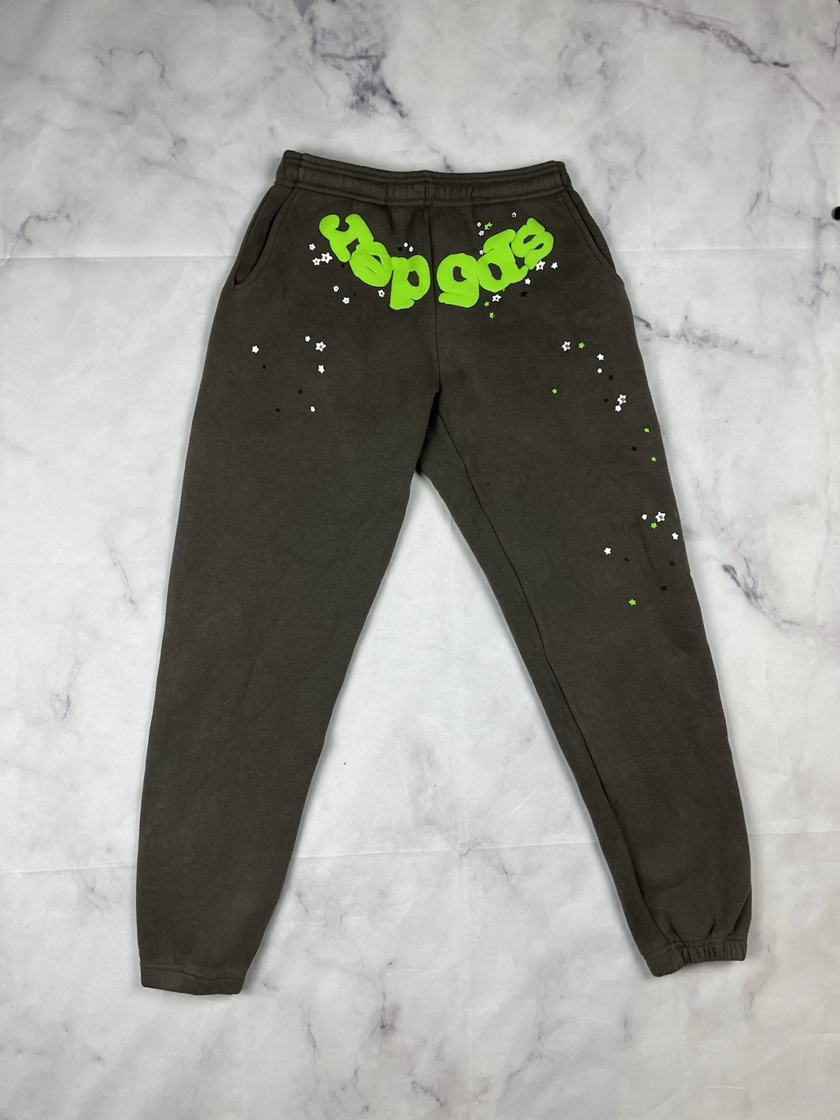 sp5der Men's Gray Green Sweatpants Stars Logo 100% Cotton Size S Fleece Pants
